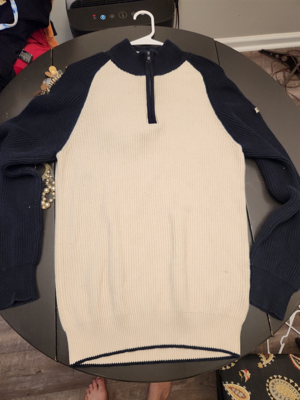 Nautica Men's Cream Body Navy Raglan Half-Zip Sweater